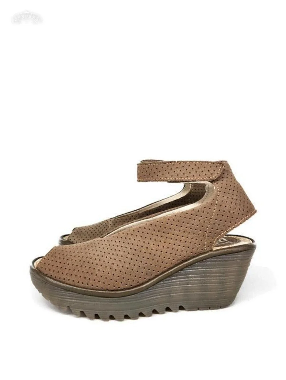 Fly London Yala Taupe Perforated Leather Ankle Strap Peep-Toe Wedge Heel Sandals